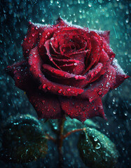 Portret rustykalnej, czerwonej Róży w kroplach deszczu. Generative AI - obrazy, fototapety, plakaty