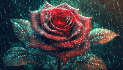 Portret rustykalnej, czerwonej Róży w kroplach deszczu. Generative AI