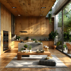 Green wood Minimalism modern interior scandinavian design. Bright studio living, kitchen and dining room
