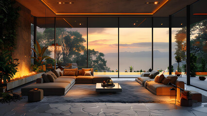 Modern luxury interior background with panoramic windows and nature view