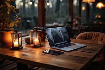 Laptop on a wooden table in a cafe with lanterns and candles