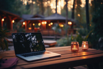 Laptop and candles on a wooden table in a summer garden .