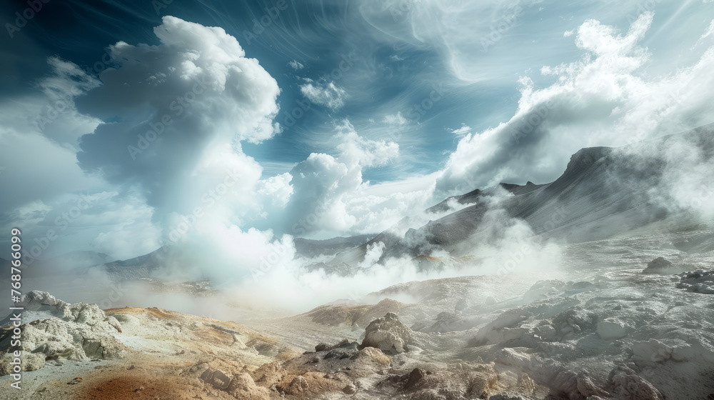 Poster this captivating image showcases the ethereal beauty of clouds hovering over a mountain range with s