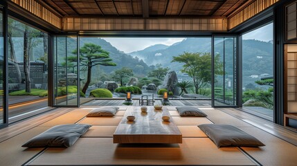 Tranquil Japanese-Style Room Overlooking a Zen Garden - obrazy, fototapety, plakaty