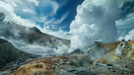 A dynamic landscape showcasing the power of geothermal activity within a mountainous environment, with steaming vents and vibrant mineral deposits - obrazy, fototapety, plakaty