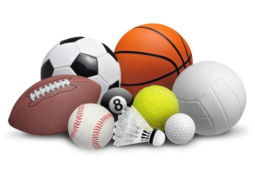 A collection of colorful sports balls arranged in a circle on a crisp white background. The balls include a soccer ball, basketball, American football, and baseball.
set-of-sport-balls 