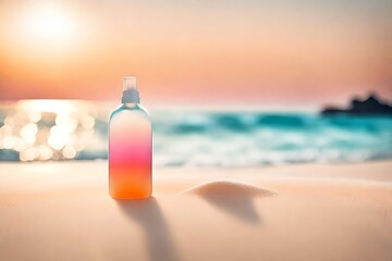 gradient colored body lotion cream container on the shoreine , pink to blue beach  sunset , cosmetics brand template