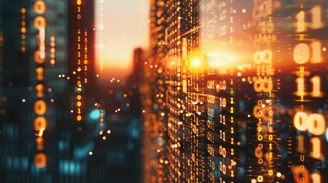 Binary code overlaid on cityscape during sunset, symbolizing digital transformation.