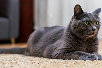 Naklejka na ściany i meble Gray cat. large gray cat resting in the room, close-up. pets and care concept