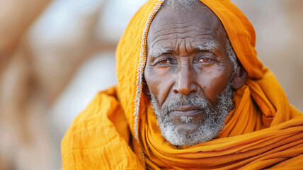 Elderly Somalian man with a wise gaze, draped in orange. - obrazy, fototapety, plakaty