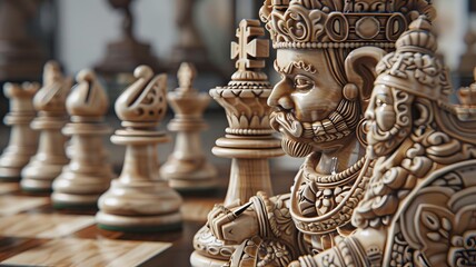 A mesmerizing close-up of a chessboard showcasing extraordinary pawn and king pieces