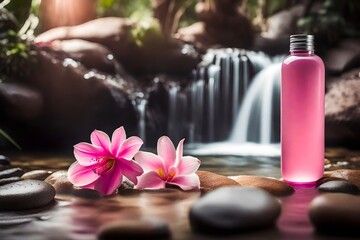 pink shampoo container bottle in front of a colorful tropical waterfall
