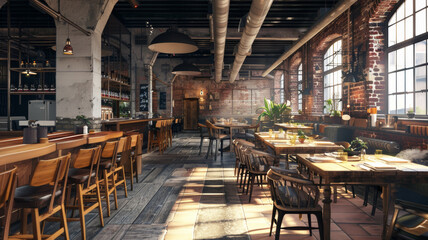 Fototapeta premium Warm sunlight bathes an inviting industrial-chic cafe with exposed brick and wood furnishings.