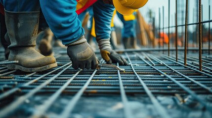 Builders work with rebars on a construction site. Construction of reinforcing structures.
