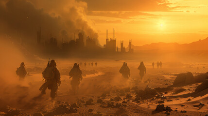 Marching figures in hazmat suits traverse a dystopian landscape, casting shadows on a bleak future.
