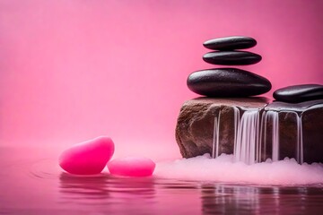 pink shampoo container bottle in front of a minimal rocky background