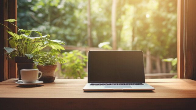 Laptop with blank screen on wooden table in coffee shop with green nature background