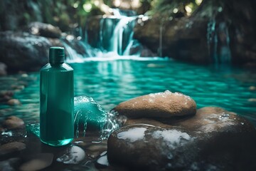 Obraz premium turquoise blue shampoo container bottle in front of a wild tropical waterfall