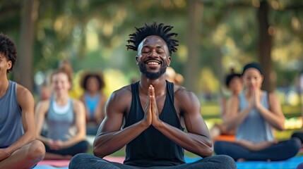 Group of diverse people practicing yoga in a park, with a focus on a smiling man in a meditative pose.