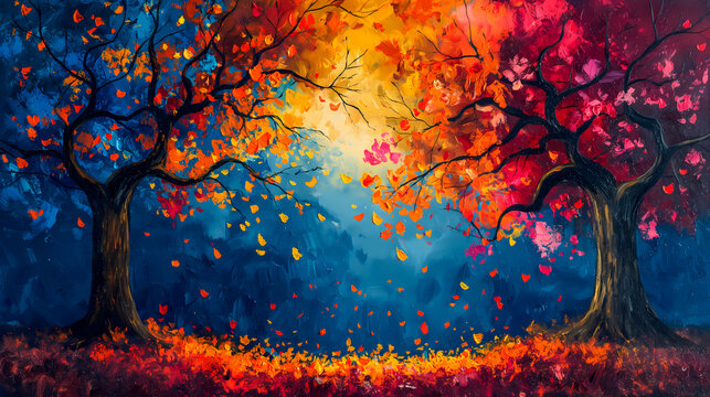 Autumn landscape with bright autumn trees and colorful leaves. Digital painting.