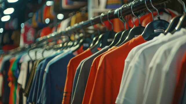 Colorful lineup of shirts on racks in a vibrant clothing store.