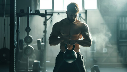A muscular man lifting kettlebells with focus in a gritty gym atmosphere.