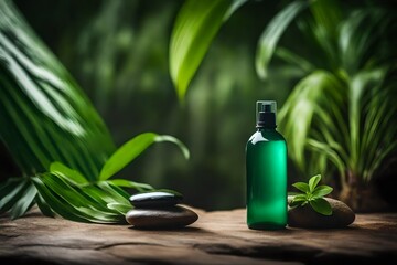 green cosmetic container in a tropical jungle background