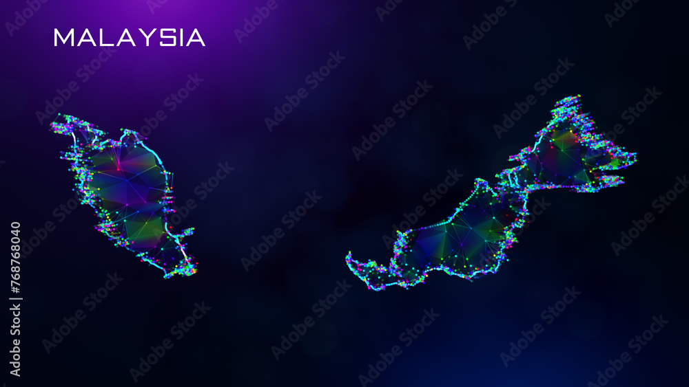Poster futuristic malaysia map polygonal blue purple colorful connected lines and dots network wireframe wi