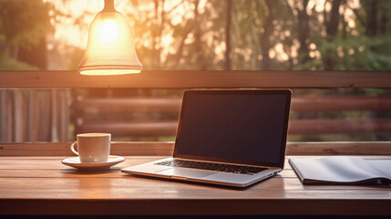 Laptop and coffee cup on wooden table in coffee shop with morning light