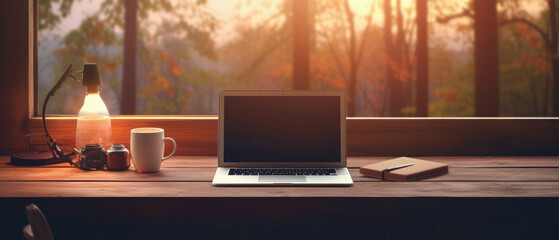 Laptop with blank screen on wooden table and coffee cup on window background