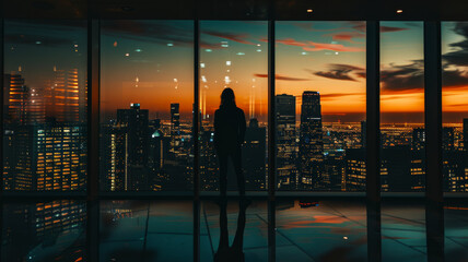 A silhouette against the cityscape at dusk from a high-rise building.