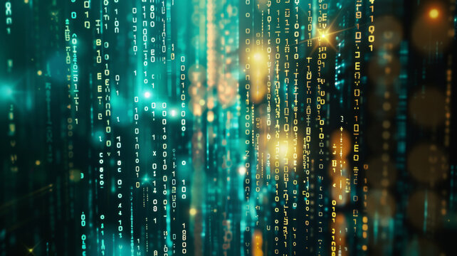 Digital rain with binary code cascading on a neon backdrop.