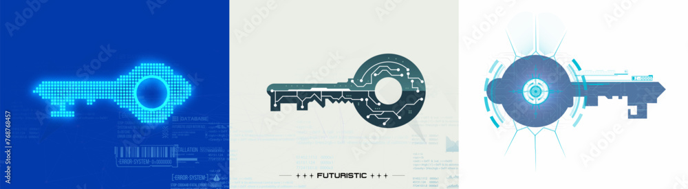 Leinwandbilder Private keys set. Cybersecurity Key Concepts with Digital Lock Illustration. Abstract digital key symbols representing cybersecurity and data protection on a dynamic blue technology background.