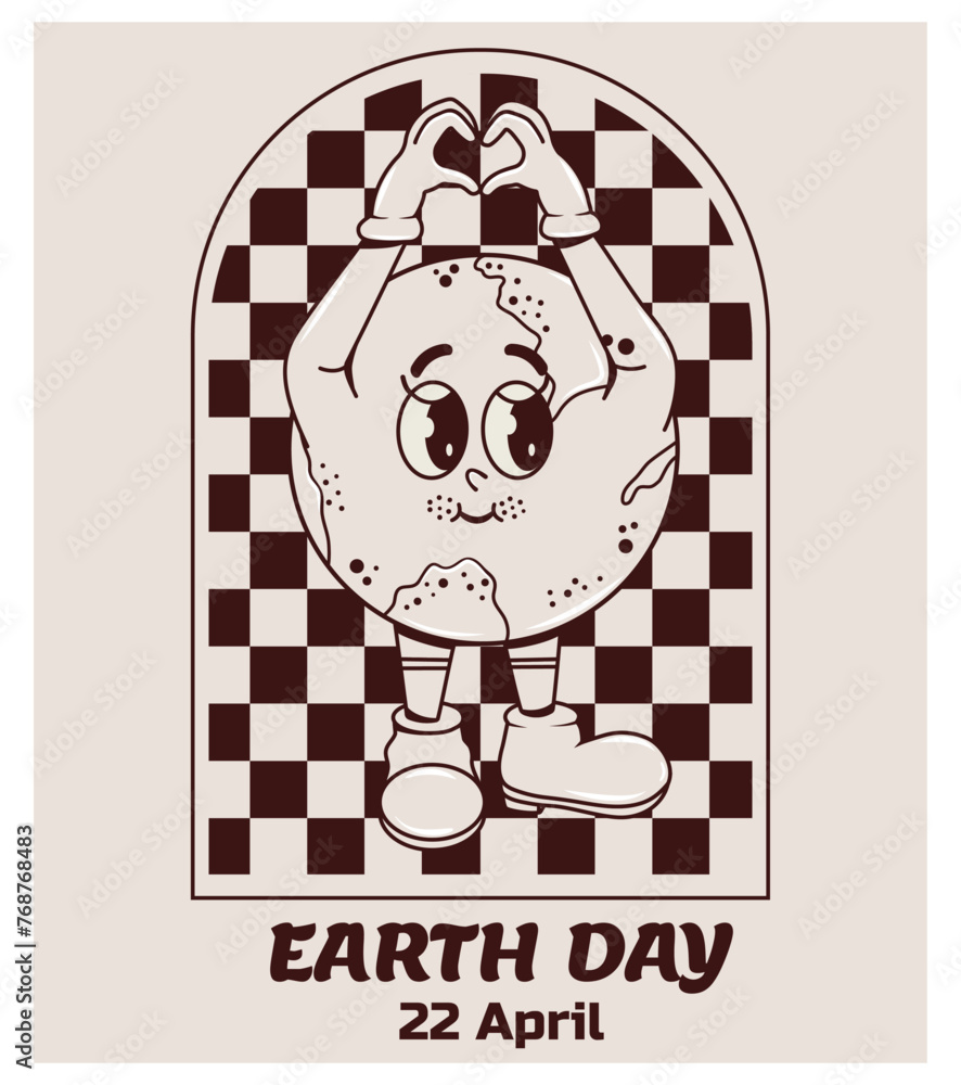 Poster smiling planet in retro groovy style showing a heart with its hands. earth day. april 22. vector. hi