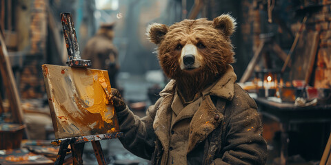 Artistic Bear Character Painting in Cozy Studio Workshop Banner