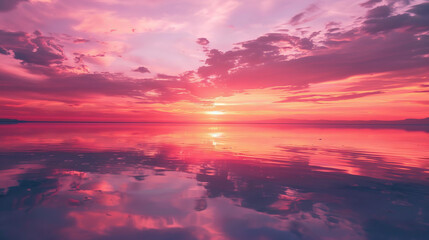A vivid image capturing the overwhelming beauty of a deep pink sunset mirroring over a peaceful expanse of water - obrazy, fototapety, plakaty