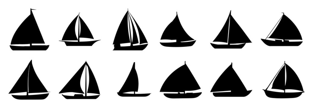 Sailboat ship silhouettes set, large pack of vector silhouette design, isolated white background.