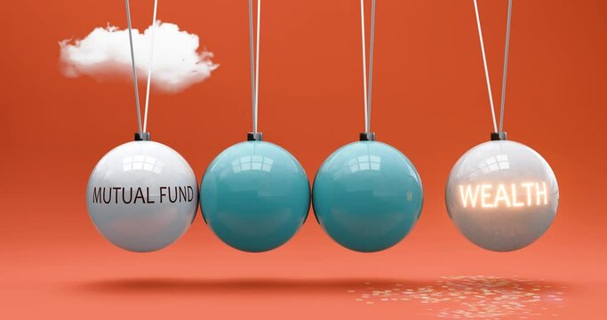 Mutual fund leads to wealth. A Newton cradle metaphor in which mutual fund gives power to set wealth in motion. Cause and effect relation between mutual fund and wealth. Can be looped