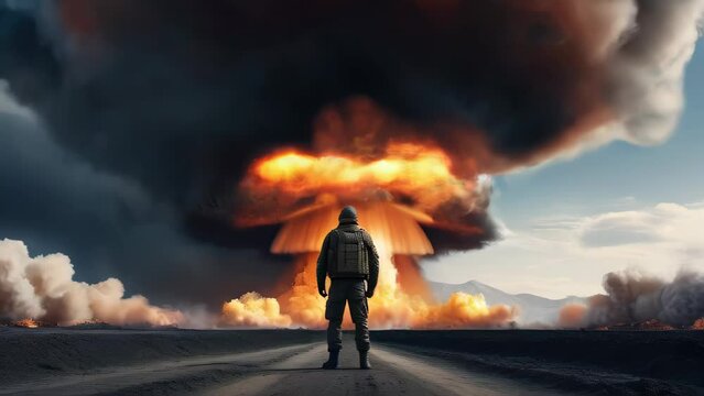 military watching huge nuclear bomb explosion with a mushroom cloud in the desert, back view, weapon of mass destruction. Retro style