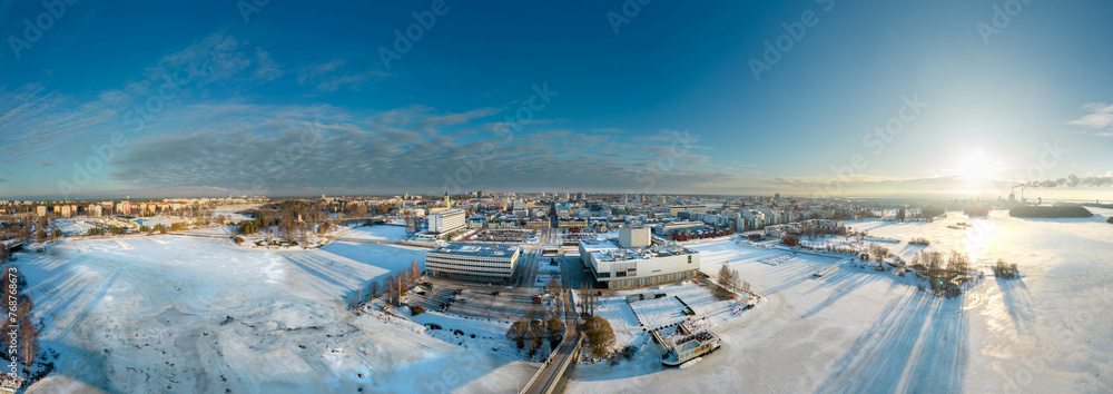 Sticker Oulu city. Pikisaari island and bride at wintertime, Finland