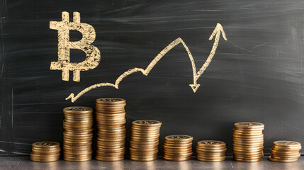 Illustration of growing graph with bitcoin symbol and stacks coins on chalkboard background, concept for business growth or crypto market scenario, Generative AI