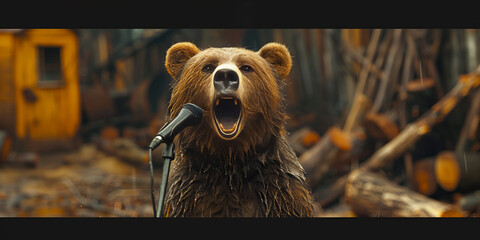 Enthusiastic Singing Bear Captivates Forest Audience: Ultimate Concert Banner