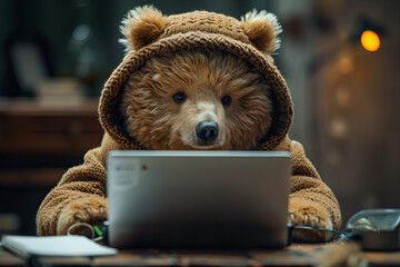 Focused Bear Cub in Cozy Hoodie Manages Tasks On Computer - Work Mode Banner - obrazy, fototapety, plakaty