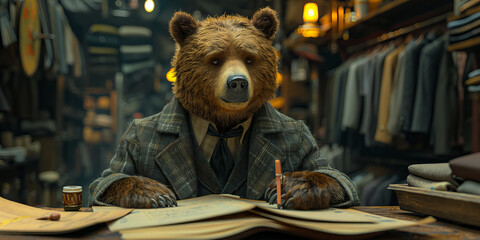 An Elegantly Dressed Bear Tailor Meticulously Crafting in His Workshop Banner - obrazy, fototapety, plakaty