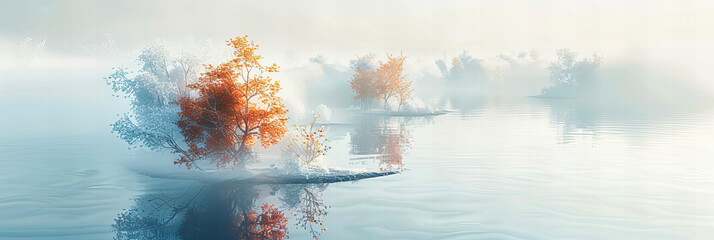 Morning Veil: Natures Serenity Cloaked in Fog, A Tranquil Lake Reflects the Whisper of Dawn