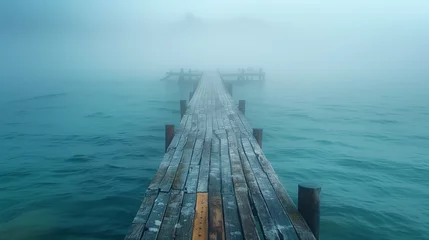 Foto op Plexiglas Wooden pier in fog, landscape tranquil scene © antkevyv