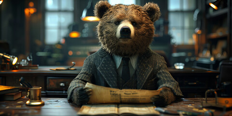 Scholarly Bear Dressed in Suit Reading Newspaper in Rustic Study Room - Banner - obrazy, fototapety, plakaty