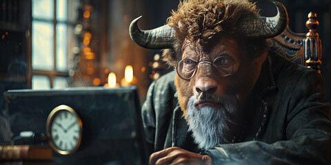 Enigmatic Bison Scholar Ponders in Timeless Study - Mystical Banner