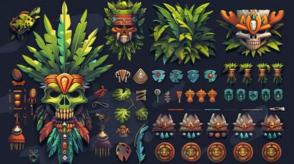 A set of vector elements for a computer game interface and web design, themed around jungle shamans, featuring GUI icons and buttons