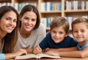 A family group with children reading a book together, suggesting learning and family bonding time.